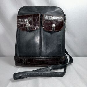 BRIGHTON Leather Backpack Shoulder Bag Black Brown Moc Croc